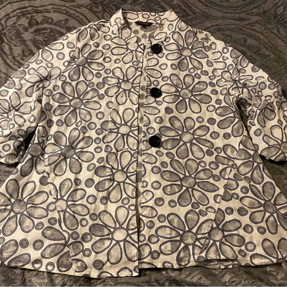 Multiples Black and White Floral Trench Coat